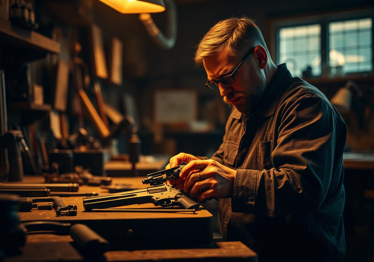 A gunsmith working at the bench